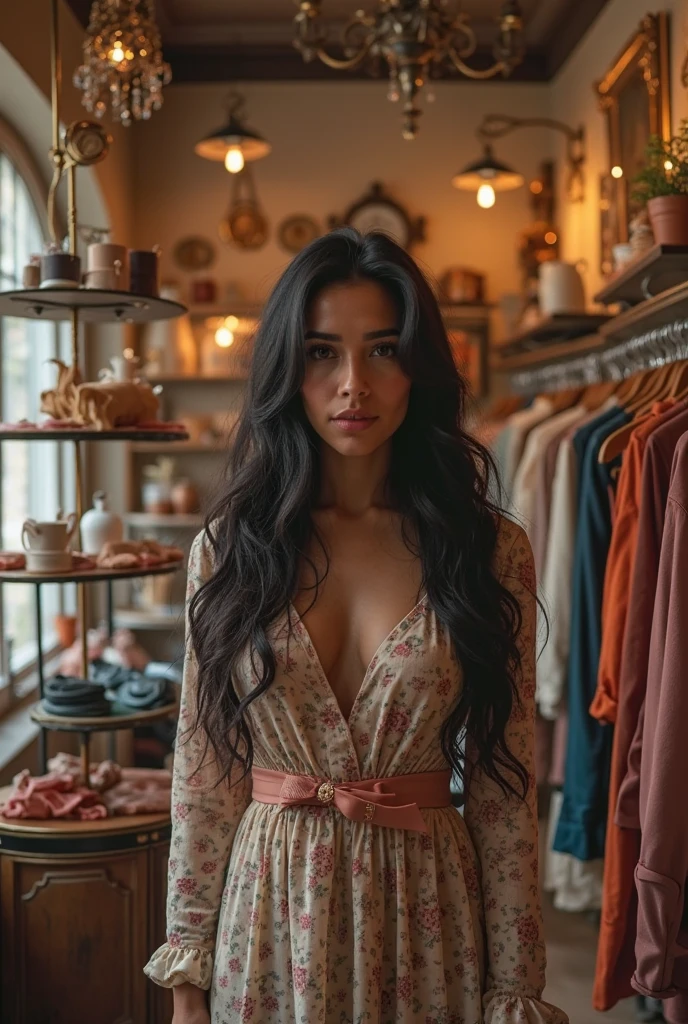 Image of a black-haired lady in front of a counter with shelves of children's and girls' clothing for sale in the background