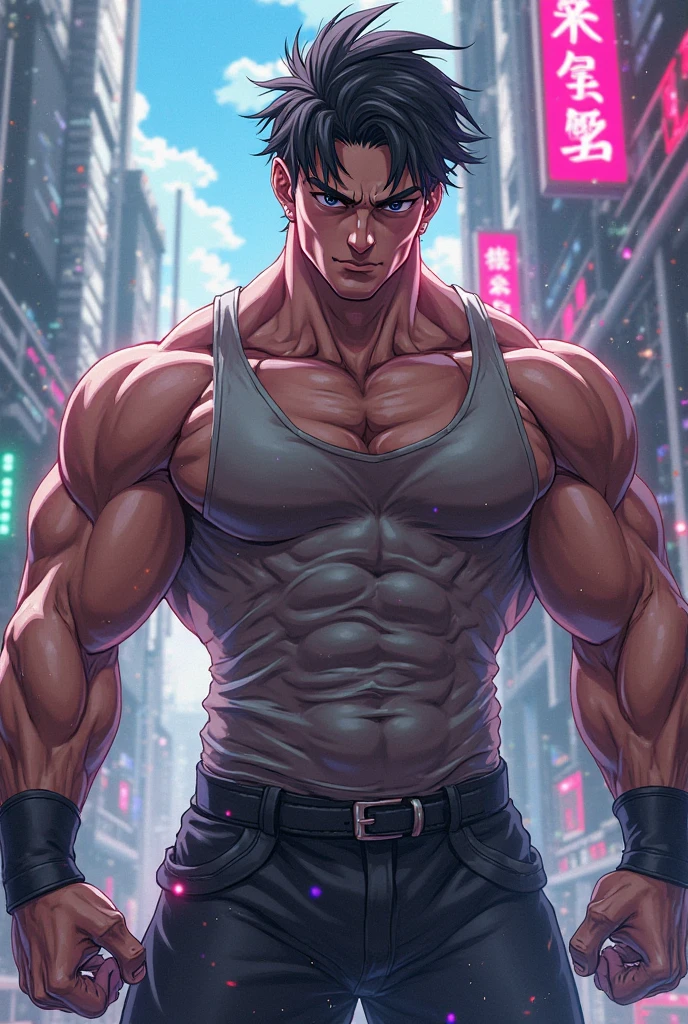 depth of field, cinematic lighting, motion blur, chromatic aberration, ray tracing, anime, 8k, super detail, best quality, 1080P, HD, 4K, 16k. Anime action hero, move poster scene, shirtless man, muscular, the man is rescuing a beautiful woman