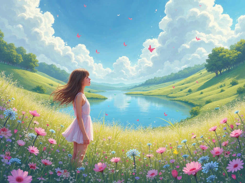 Ultra HD detailed painting of flowers, butterflies and water droplets reflecting sunlight、Girl and butterfly、Pearly sunlight、On a hill full of blooming flowers、Jean=By Baptiste Monge、Watercolor and ink、intricate details、fantasy、beautiful、fantasy、Plant sproutemory、nature、flower garden、perfect composition、Artistic style watercolor sketch、big stroke、Finished with ink、thin line、highest quality、masterpiece