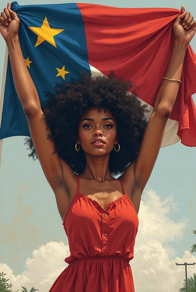 The photograph features an Afro woman with dark hair and curls that blow in the wind., forming a kind of flame against the twilight sky. Her unbridled beauty is enhanced by a sexy red mini crop top with big breasts, while at a pool bar She proudly holds a mini flag of Colombia, whose yellow stripes, blue and red With a big smile on your face,