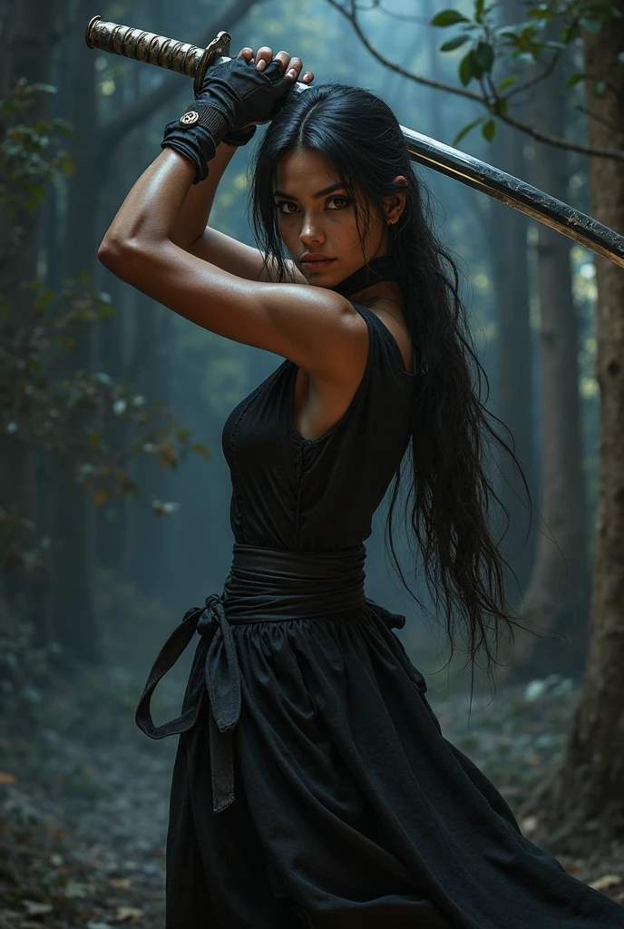Korean sexy very beautiful woman, cutting throat of a boy ninja blindfold, bloody throat, midday