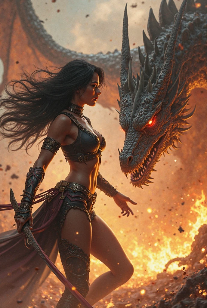 (Award-winning masterpiece:1.5), (incredible detail), (hyper realistic:1.4), (whole body:1.7), (witch charging with a torch), (brutal creature trying to shield itself), (fire reflecting in the creature's eyes), (detailed combat scene), (dramatic lighting), (intricate details:1.1)