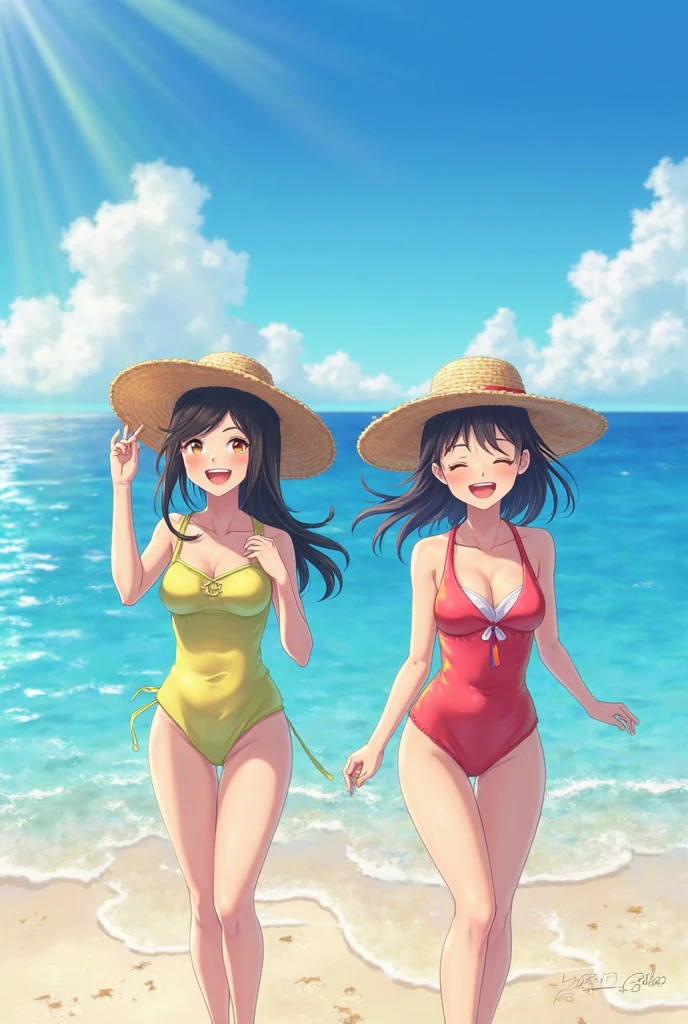 A beautiful girl in a red bikini with a plate of fruit, anime girl, red ruffled bikini, beach, sun, sand, sea, beautiful sky, chopped fruit, coconut tree, beach hat, sandals, crabs and dolphins, big round breasts, dark brown hair, long bangs, braided ponytail, long hair, wavy hair, shiny hair, hairclip, ribbon, sunglasses, anchor choker, aqua eyes, glowing eyes, earrings, blush, tongue, smiley, glossy lips, upper teeth, slim waist, beautiful legs, detailed body, full body, high detail, anime, anime style, depth of field, cinematic lighting, dithering, image fill, multiple views, from above, from below, from behind, from side, perspective, lens flare, Wide-Angle, f/1.8, 85mm, Sony FE GM, 8k, super detail, UHD, retina, masterpiece, accurate, anatomically correct, textured skin, high details, best quality, highres, 16k