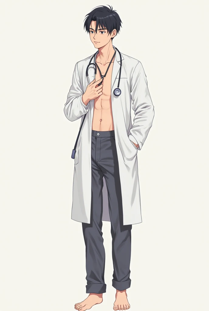 side angle、Man in white coat、Ultra-detailed illustrations、Ultra-precise expression、masterpiece、Highest quality、ultra High resolution、High resolution、Hiromitsu Takeda Style、White background、Simple Background、One Bald Man、whole body、Vulgar expression、Black panties、barefoot、Standing posture、erection、Big penis、