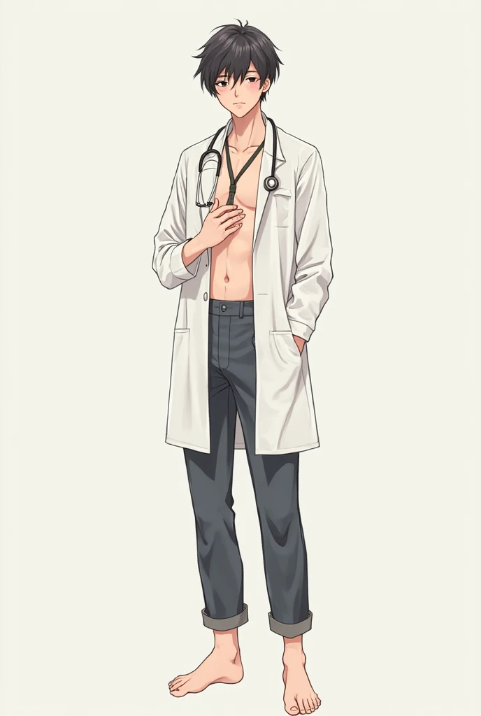 side angle、Man in white coat、Ultra-detailed illustrations、Ultra-precise expression、masterpiece、Highest quality、ultra High resolution、High resolution、Hiromitsu Takeda Style、White background、Simple Background、One Bald Man、whole body、Vulgar expression、Black panties、barefoot、Standing posture
