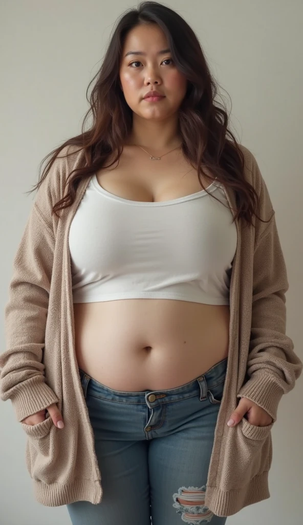 a close up of a person with a very large belly, photo from the front, full growth from the front, centered full body front-shot, photo taken from front, taken in the early 2020s, showing her shoulder from front, seen from the front, photo still of frontal view, half body cropping