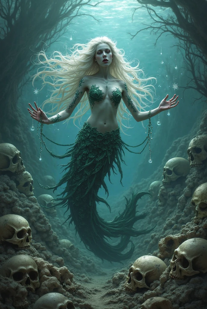 {-erro_de_anatomia:1.0} mulher 30 anos, cauda de sereia, cauda de peixe, escamas, underwater, Esqueleto, dead body,Sob o Mar, onde abundam gavinhas de coral e videiras, uma mulher (sereia), long green hair looks at you amidst a pile of bones and skulls. Seus olhos brilham com uma luz estranha. indiferente, olhar impiedoso. Lying among the skulls.