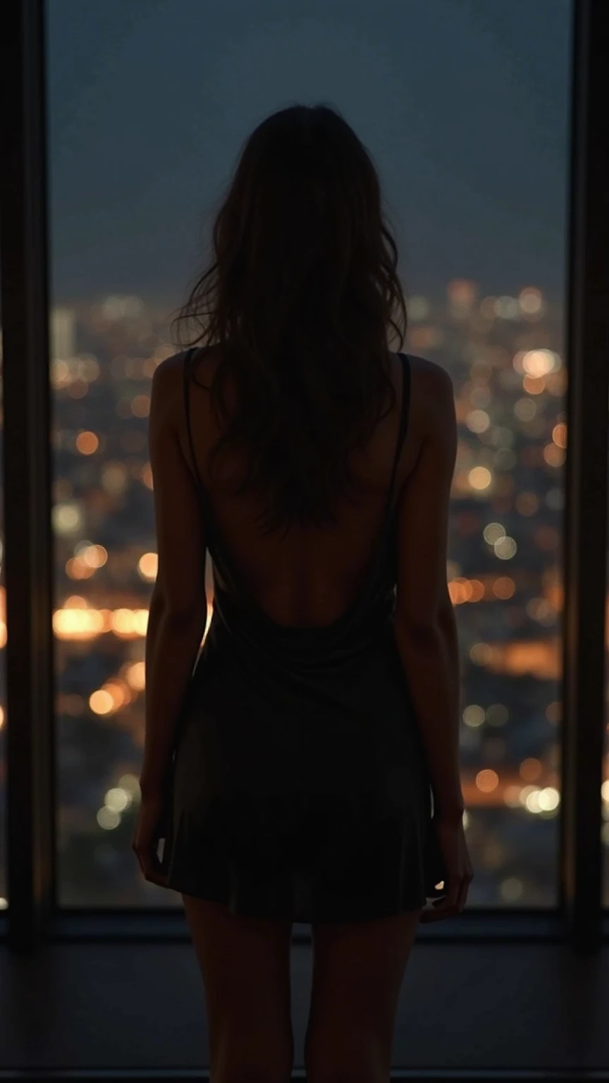 create images, the focus and silhouette of the centered back of a young woman turned away, white, freckles on the shoulders, silky brown wavy hair very long big wavy voluminous, wearing a thin black two-piece swimsuit, apparently she has her arms crossed in front, she is walking in a room with glass windows showing the buildings of New York in the early evening.