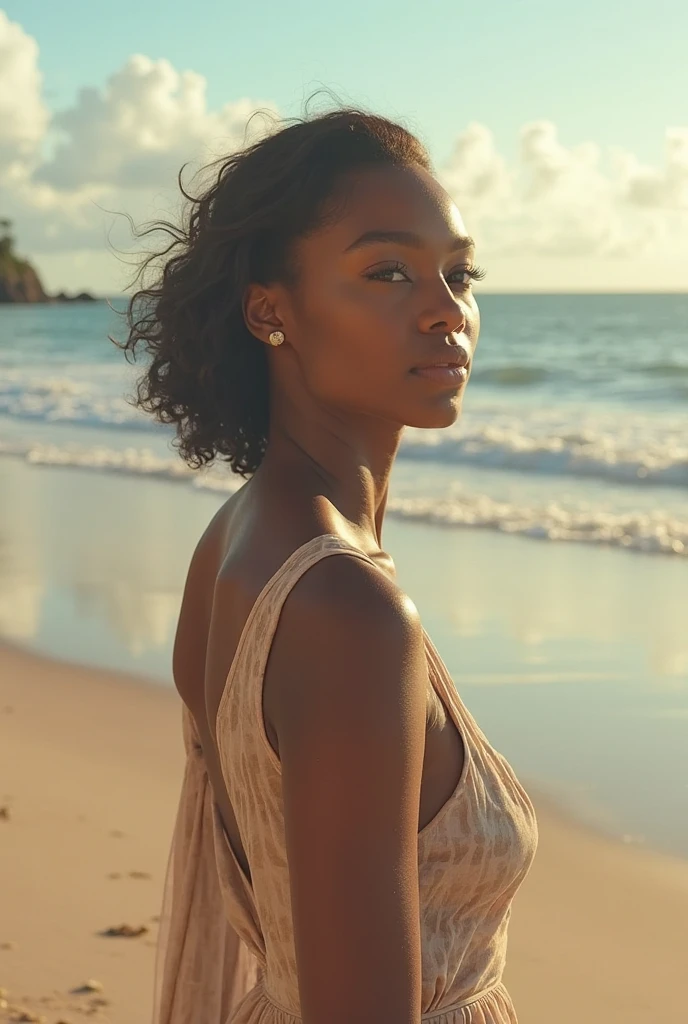 Mulher africana madura bonita, vestindo camiseta branca, na areia, O mar ao longe, Coqueiros, seios pequenos
