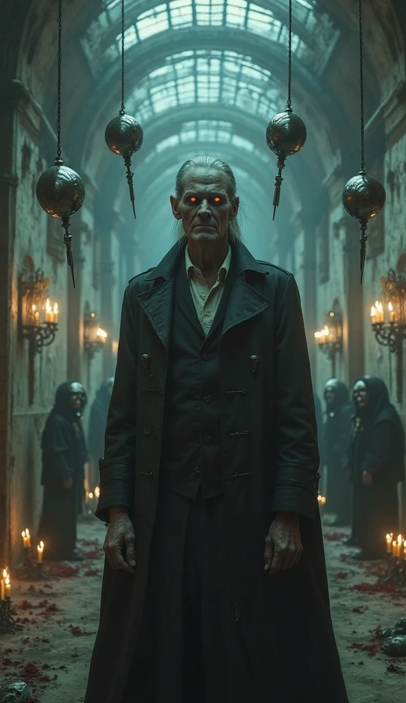 The conductor, a ghostly figure in a tattered uniform, standing at the front of the train, his eyes hollow and dark