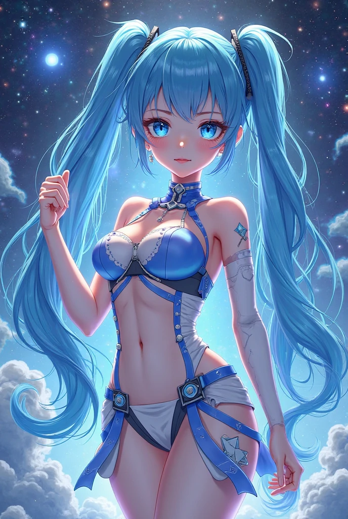 ((ultra realisitic)), ((picture-perfect)), ((face perfect)), ((ultra detaild)), ((fully body)), ((perfectbody)), A woman in a bikini and panties posing for a photo, Beautiful girl with blue hair, beautiful seductive girl, yellow eyes