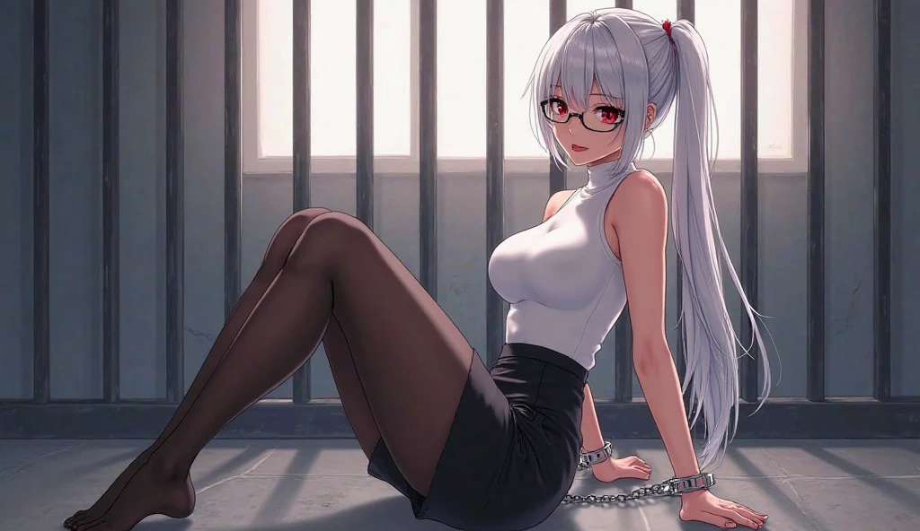 1girl, 1boy , hand on crotch, white hair, glasses, long skirt, pantyhose, single bare shoulder, long hair, messy hair, yellow eyes, glowing eyes, assertive female, casual outfit, hair ornament, detailed, teasing, sexy, cute, masterpiece, best quality, black jacket, no shirt, cum on face, cum on upper body, small penis, cum, cowgirl position, girl on top, sex, pov, femdom, side ponytail, full body, torn pantyhose, pink jacket, black skirt, pov from below, no shirt, hidden sex by skirt, cum on tits, no shirt, naked breasts, catgirl, hand on crotch, viewer on leash, leash, holding leash