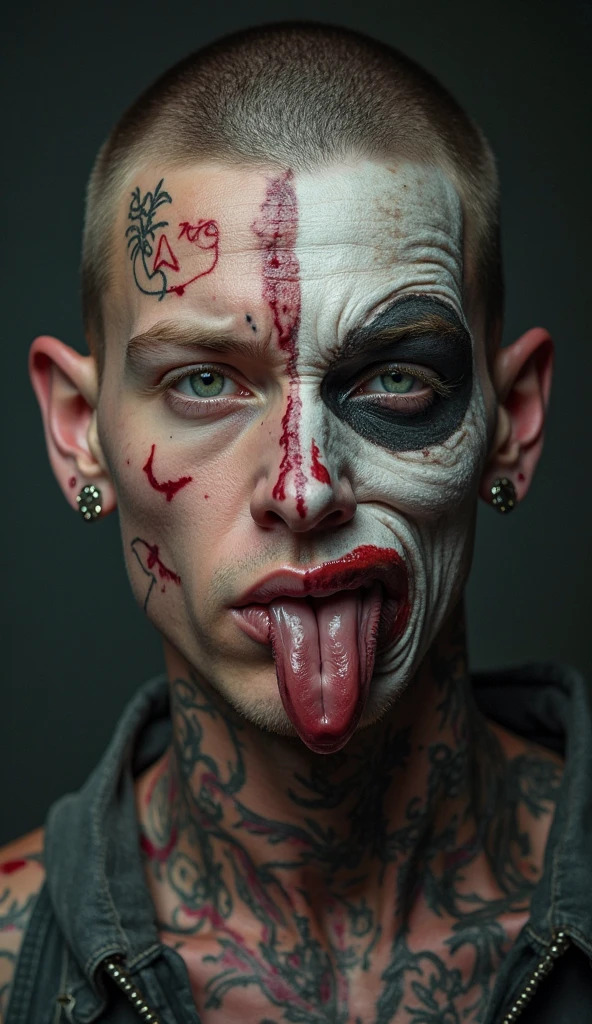 Face portret in the dark tattooed male model shaved head, pointy mustache, soul pach, glasgow smile scars very big and visible scars around the mouth making the mouth look biger