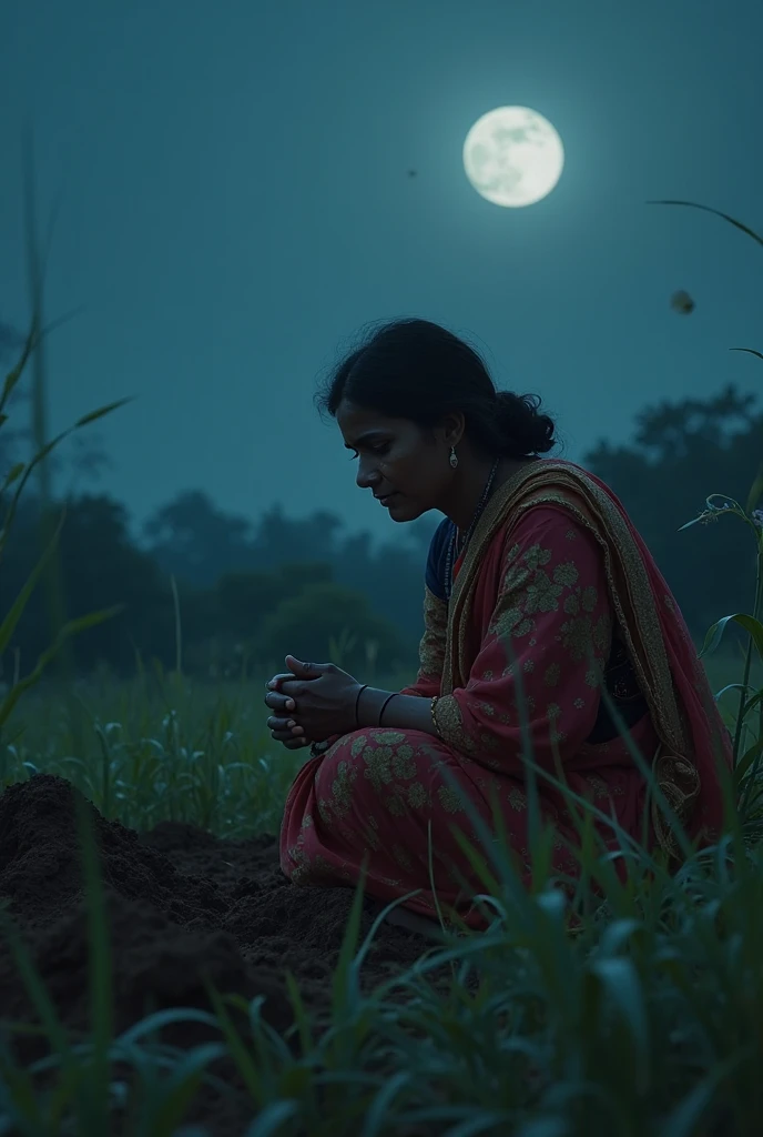 Indian Scientist crying in depression. The background is a night sky with a shining moon. Also add a rocket in the background