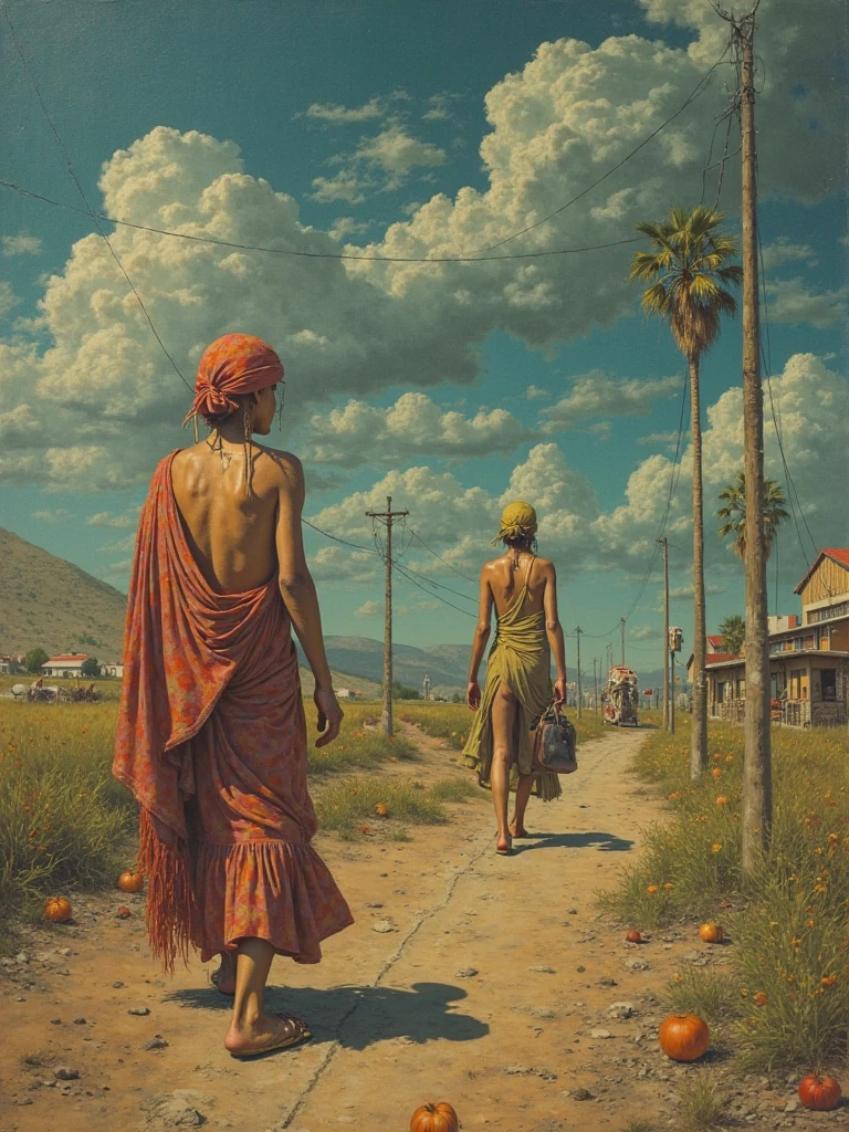 alone in the universe, in watercolor style, Photorealism, discreet golden and ruby and mint shades, (nude) gentle modest thin girl 16 years old (with a very beautiful exquisite face) southern type with short dark hair with beautiful breasts with tender nipples (barefoot) in a long orange skirt walking in the distance (Across the desert), stunted little plants, drought, precious jewelry on the neck and chest and on the wrists, precious bracelets, ankle bracelets