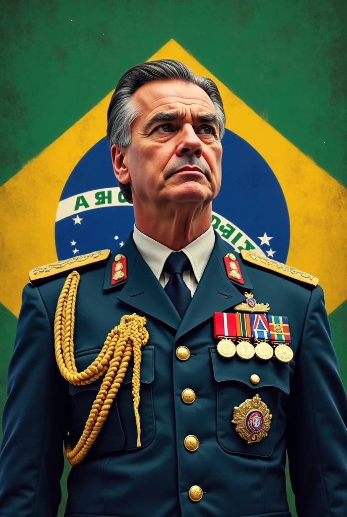A realistic and detailed portrait of a Colonel of Roman descent in the Brazilian army, circa 40 years old.He has a very muscular and wide body, with military black and gray hair on the sides, and a thin scar on his face like a mark of bravery, he has a mustache. He is wearing a high-ranking olive green uniform of the Brazilian Army officer, adorned with medals and decorations. The background features a Brazilian Army office, with books and flags of Brazil and the Integralist Blue flag, The wall also has a photo of 2 Brazilian dictators and a realistic coat of arms., which contributes to the atmosphere of authority and respect. The veteran is sitting in a comfortable armchair, Breathing wisdom and strength, and appears as a respected and esteemed leader