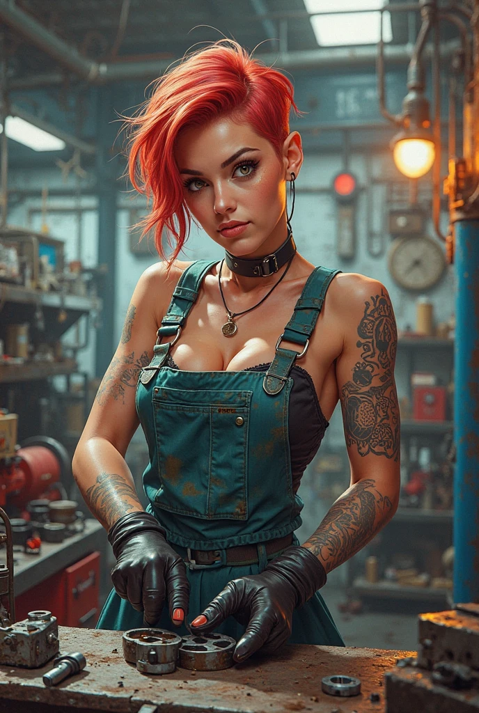 ultra detailed beautiful woman fixing device in the garage, (brown undercut hair:1.3), (cybernetic arms:1.1), dressed in (denim vest:1. 3) and short shorts, tattoo, (cyberpunk valentino:1.1), robotic parts, 150mm, beautiful studio soft light, rim light, bright details, luxury cyberpunk, , hyperrealistic, anatomical, facial muscles, elegant, beautiful background, octane render, H. R. Giger style, 8k, best quality, masterpiece, illustration, extremely delicate and beautiful, extremely detailed,CG,unity,wallpaper,(realistic, photo-realistic:1.37),Amazing, fine detail, masterpiece, best quality, official art, extremely detailed CG unity 8k wallpaper, absurdres, incredibly absurdres, robot, full body, (high angle:1.3)