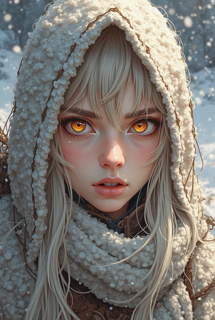 A survivor, clad in tattered rags, huddles next to a flickering fire in a moonlit, desolate icy landscape. Her face etched with worry, she intently watches a menacing dark wolf nearing her, its bared fangs dripping with salivous intent. The wolf's breath visible in the cold air, its eyes penetrating the darkness as it advances.