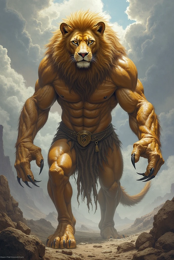dark fantasy art, Loaded on E621, Anthro, furry, explicit, ((Lion Man)), high resolution, ((Detailed realistic image)), (detailed eyes, expressive eyes:1.2), Impaste Impressionism, crazy details, Soft, cinematic lighting, (by hyperrealist:1.3), (by detailed:1.2), Pupils, (View of the upper body), (body covered in hair), (masculine), hyper muscular, Huge muscles, Massive construction, wide shoulders, giant body, (lion man face), (Characteristics of the lion man), Lower savannah, Barbarian Loincloth, A semi-medium long flaccid penis with foreskin visible, testicles, sagging, is coming, nipples, open mouth, Stick out her tongue, teeth,