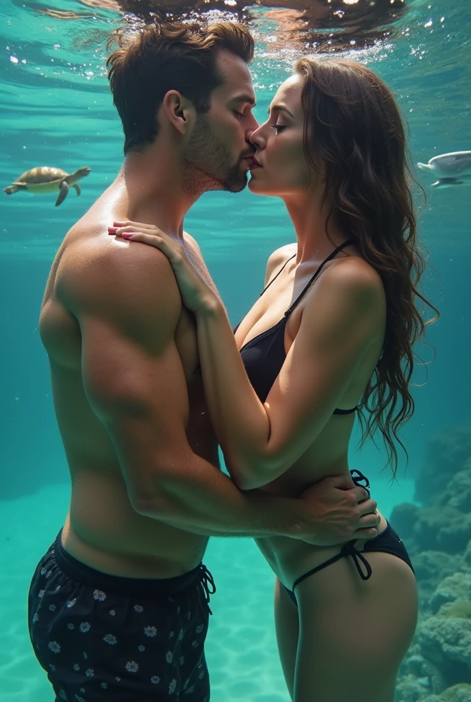Photo sous-marine, Un couple qui s'embrassent sous l'eau, masterpiece, best quality, amazing quality, very aesthetic, sublime, depth of field, Low angle, 8k, score_9, score_8, score_7, score_6,fille sexy