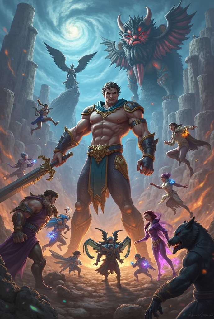 of a guy,Fight mutant monsters, shadowing, Best_quality, Supergianthugebreasts_Detailed, 16K, extremely_Clear, photore, Sharp focus, hdr,tmasterpiece、Need、1 Male god、Handsome、年轻、Tone muscles、dark themes、Dark Planet、、Fantastic landscape, Starlight around the character, (The upper part of the body), Dream, flight,Wasteland City