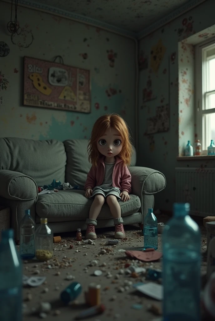 a photo of Aurora Maricá, pequena ruiva, olhos cor de mel, 8 anos de idade, vestido rasgado e manchado de sangue. sentado em uma cama em um quarto de hospital abandonado. A look of fear and confusion. In the room there is a window where you can see the city outside, vazio, sober, apocalyptic