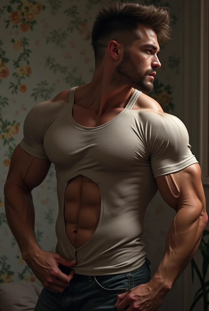 Masterpiece, denoise, void noise, one man, best quality, 8k resolution, male focus, focus only, amazing composition, volumetric lighting, super quality, elegant, Very detailed, bedroom, front view, facing viewer , -----------, 35 years old, mature face, muscular, thin body, Caucasian, (((white skin, pale skin))), handsome, (detailed light-blue eyes), light brown hair, big ears, (((hairy pectorals, thick plenty chest and body hair))), ((Medium long beard)), (((((Jim Sturgess Russell Tovey mixed face and hair style))))), (((big nipples, perky nipples))), ------------, (((wearing shorts))), ((((mesh tank top lifted up)))), ((pulling top up, showing abs)), ((hug gesture)), 