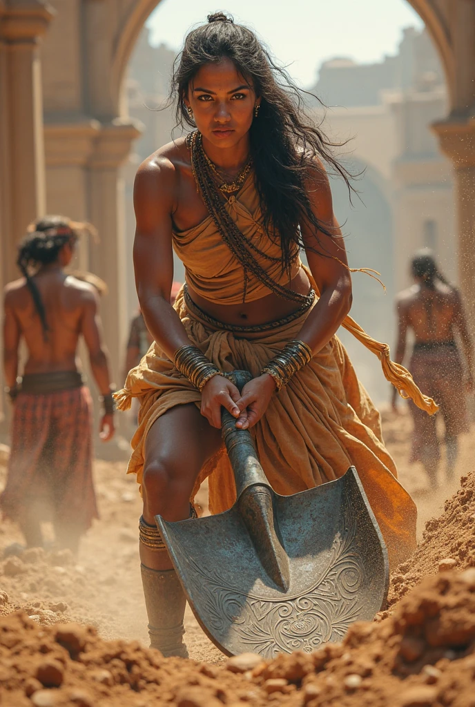 Kalaripayattu woman with sword on one hand above head and shield in the other hand, raising from the ground with warrior pose and one leg stretched and has very fierce eyes, fit body and long thick hair, facing the audience in temple background