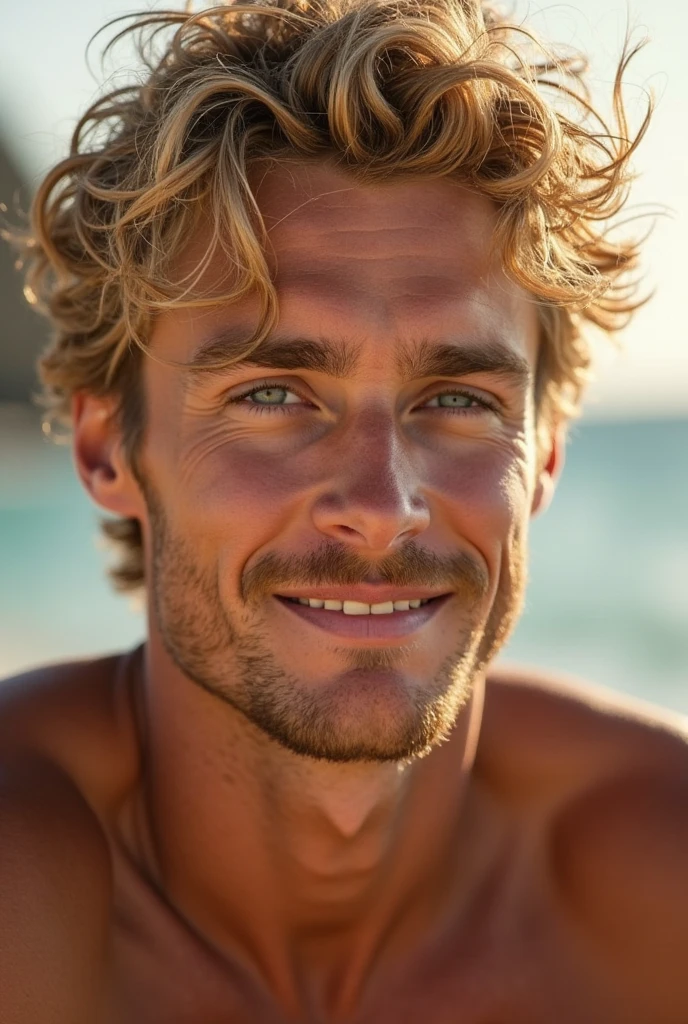 An 18-year-old Brazilian teenager , strong man with short blond hair and blue eyes on a lush beach , with a close-up capturing her nudity , showing her charm and natural lust and outgoing personality having sex with a Brazilian man , strong 30 year old dark skinned man with light brown hair, excitado with a close-up capturing her nudity com uma enorme protuberância , showing his immense desire