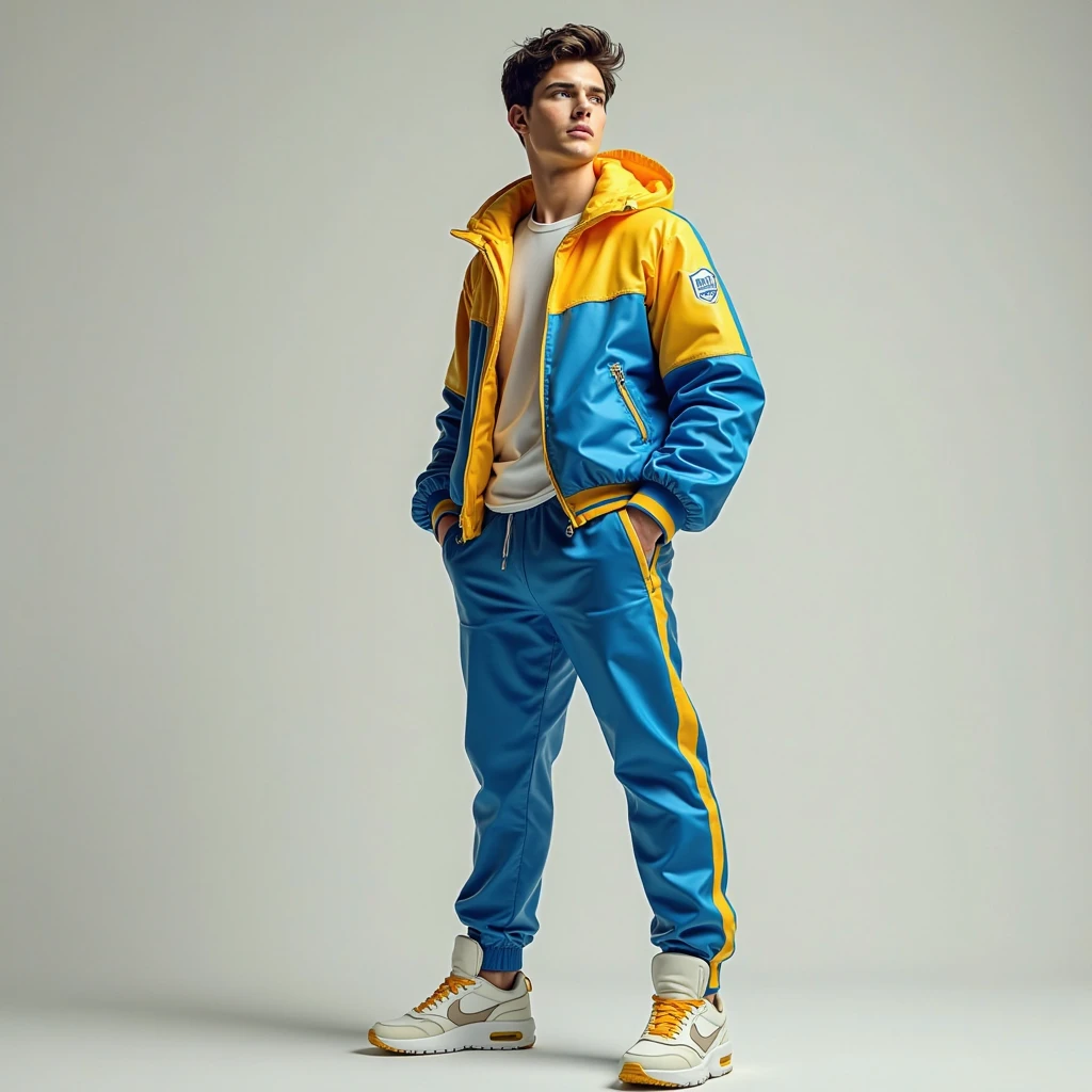King Harlequin, young boy, 1boy, short, indoors, yellow eyes, brown hair, pixie cut, best quality, day, masterpiece, colorful, blue sweater, streets, full body, shorts, looking at viewer,sitting on sofa, good photography composition