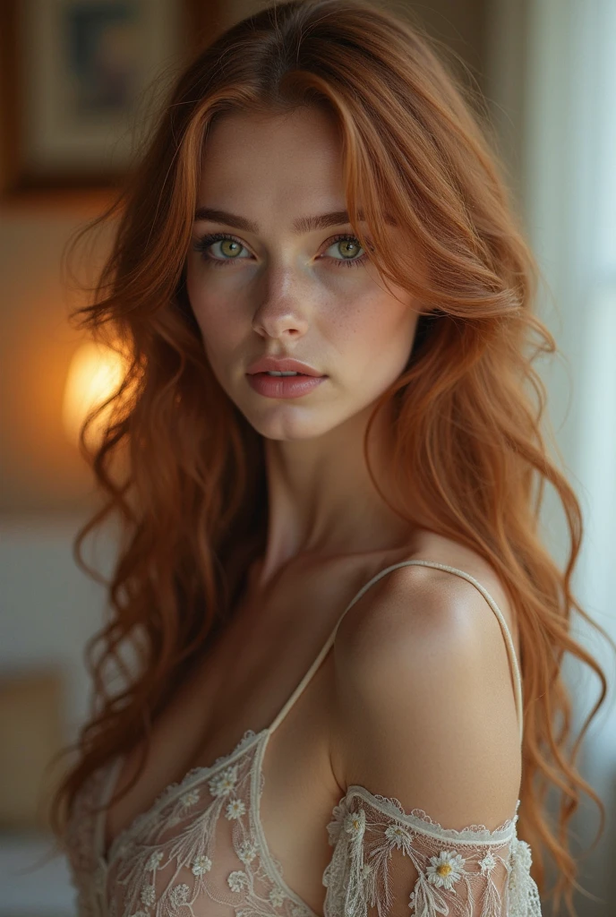 (photorealism:1.2), beautiful woman, green eyes, long curly hair, sit on sofa in living room, ultra realistic,