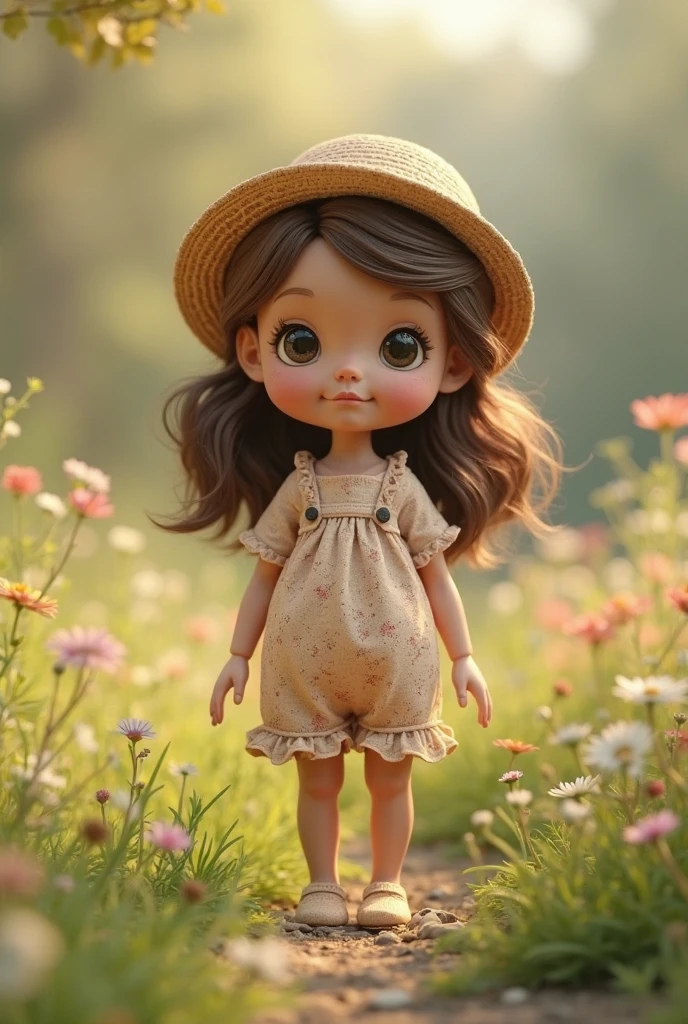A very charming 6 year old little girl, in the forest, holding a bird in both hands, walking in the forest, the forest is full of trees, little girl with brown hair, with pink hat, wearing a denim top, yellow dress, white socks, brown shoes. The illustration is a high-definition illustration in 4K resolution, a full-body photo with highly detailed facial features and cartoon-style visuals.