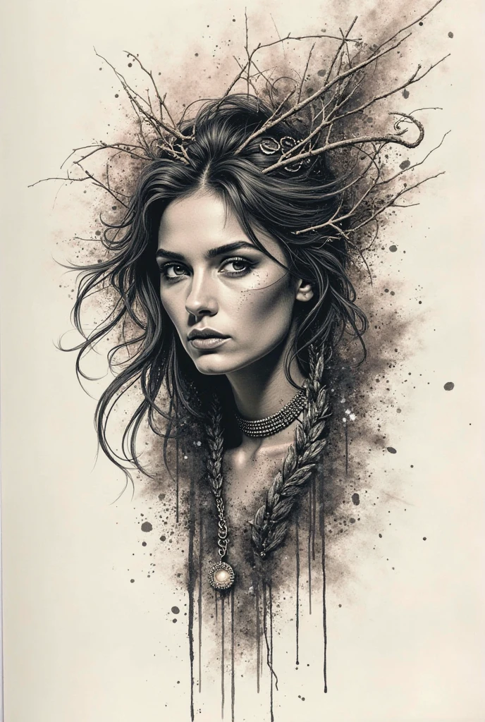 Create a black-and-white sketch in the art style of Carne Griffiths, utilizing charcoal lines to establish strong contrasts and highly detailed linework. Craft an impressionist-style painting featuring a woman, capturing the essence of intricate detailing and expressive strokes reminiscent of Griffiths' work.