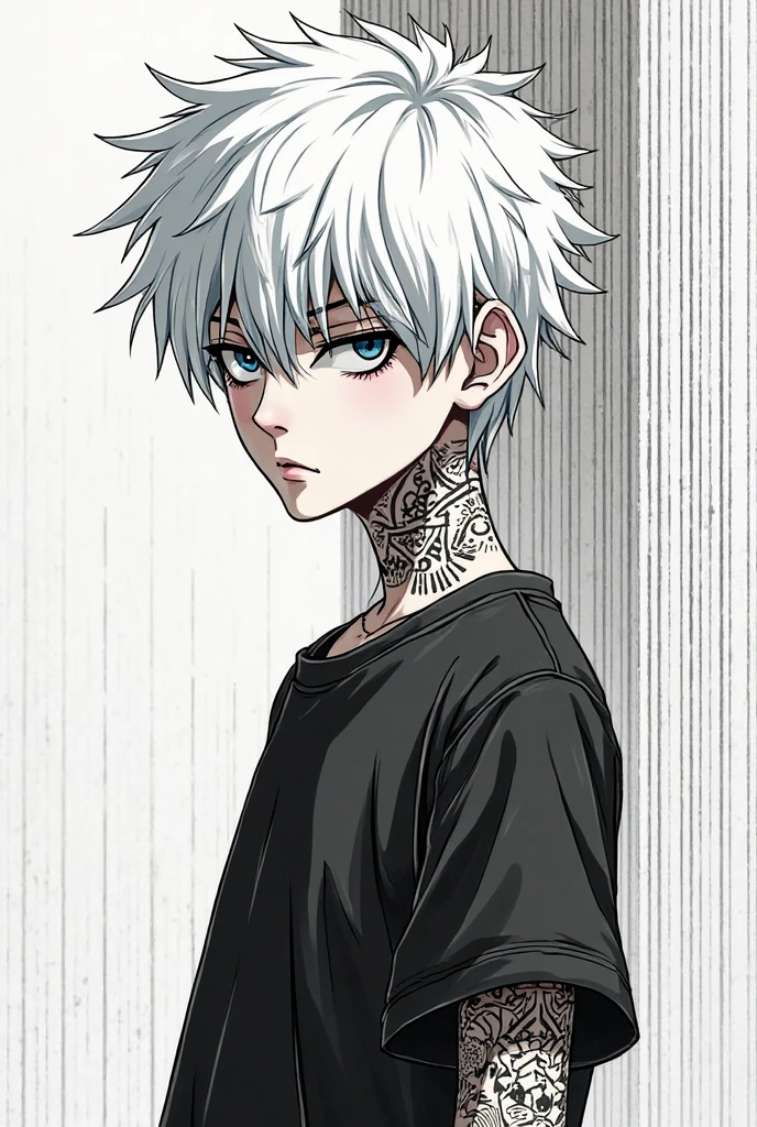 a white boy who has white hair, Have a tattoo on your arm . tu peux faire tout en version manga avec des couleur noir blanc et des rayures pour les place d'ombre