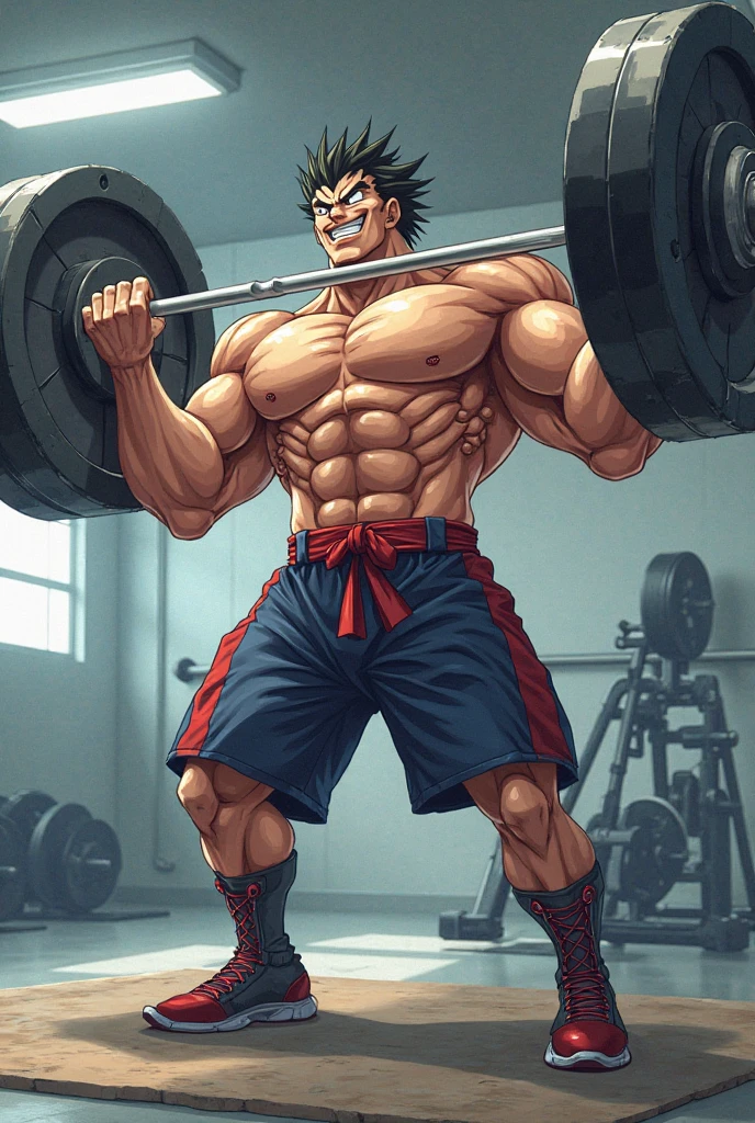 An animated picture of a bodybuilder with two dumbbells in his hand with an angry face