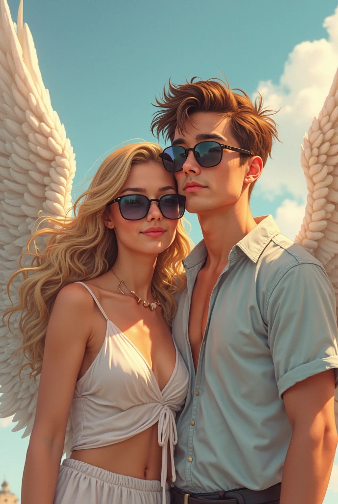 Create a couple seeing each other from very far away, the woman has white wings, pale and thin body, His eyes are blue and his hair is blonde and long.. The man is tall, with athletic body, has freckles, green eyes and black hair. The sky and angels flying can be seen in the background.