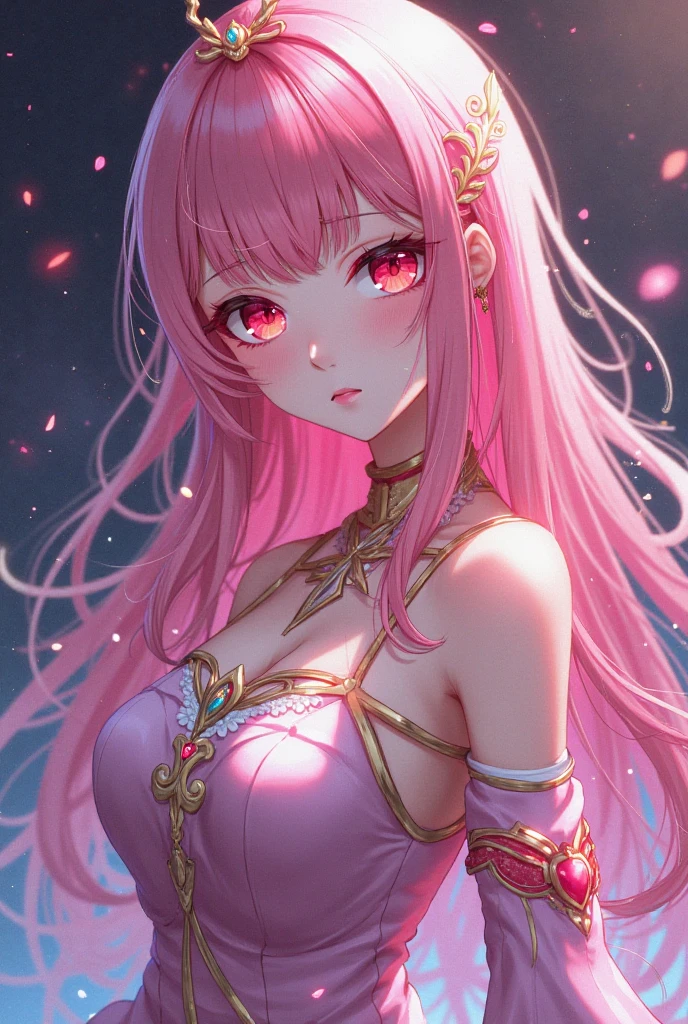 red hair woman, gently wavy, Pale skin, purple eyes, pink cheekbones, pink lips, delicate look. lilac dress, well proportioned body, somewhat large breasts, waist. Estilo Genshin Impact.