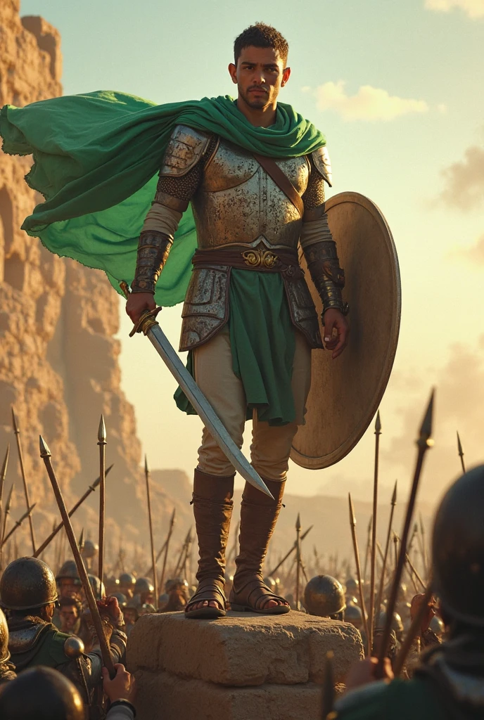 A muslim islamic warrior with numerous sword wounds and a bright sword in his hand a green turban on his head and a long green robe and a shield in his hand this muslim warrior is standing on a mountain top