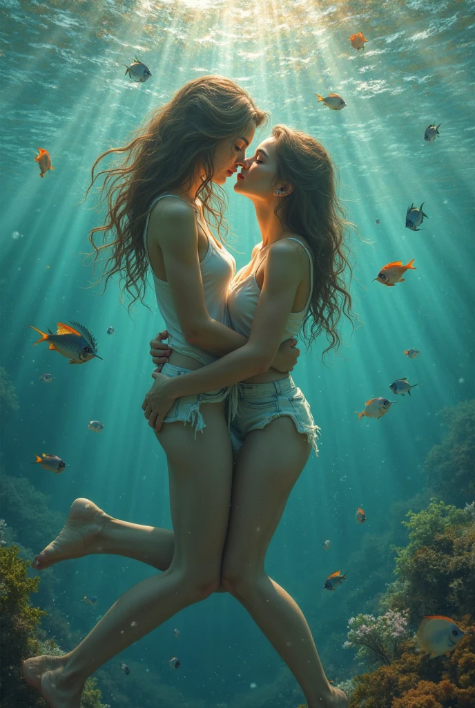 Couple in swimsuits kissing underwater