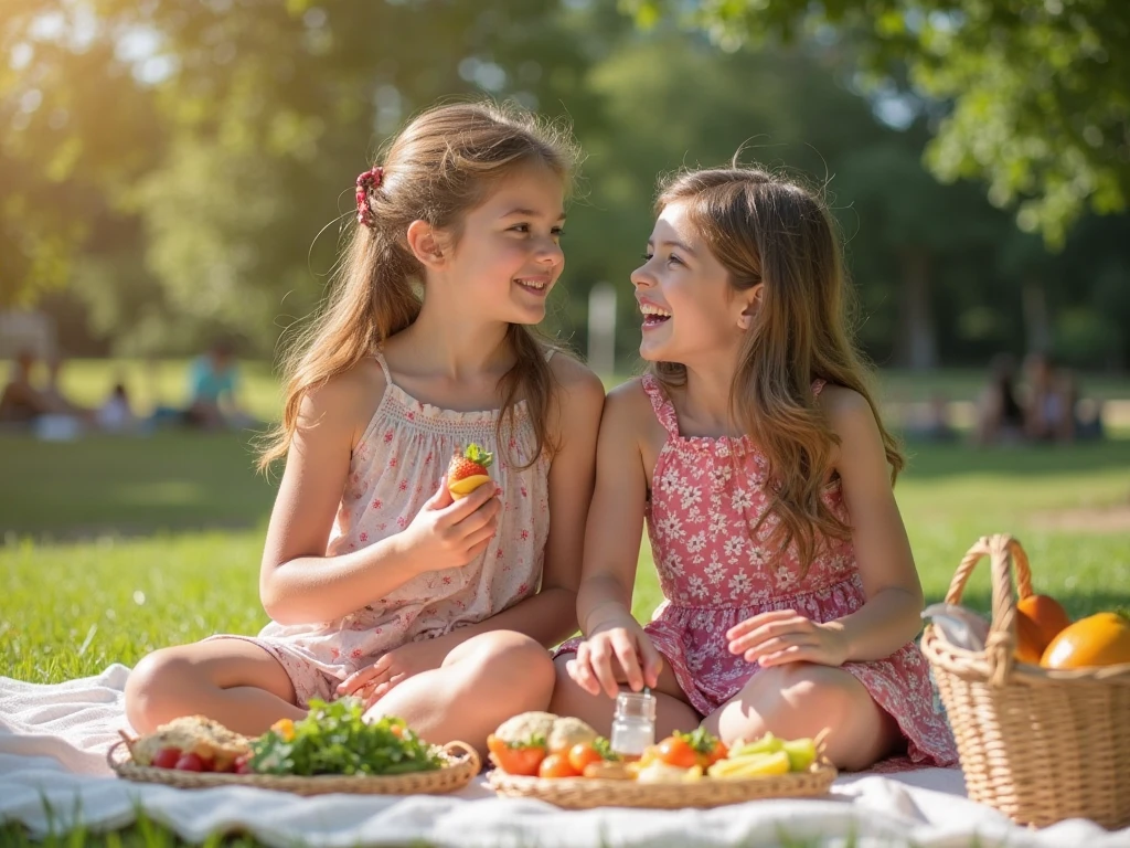 A beautiful 10-year-old white girl wearing a pink vest and a miniskirt, standing next to a boy eating fresh fruit in the village. Realistic 4k quality.