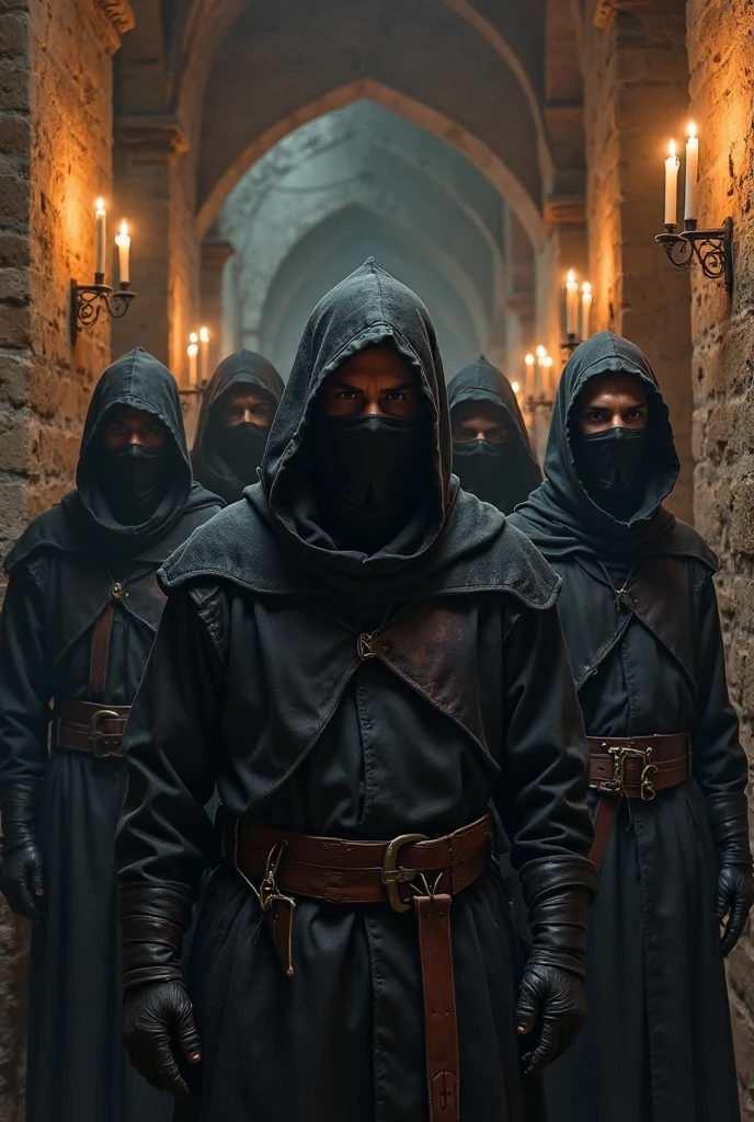 Two mixed man, no face, Face covered with black cap, black cape outfit, medieval era, alchemist, dark night in Forest