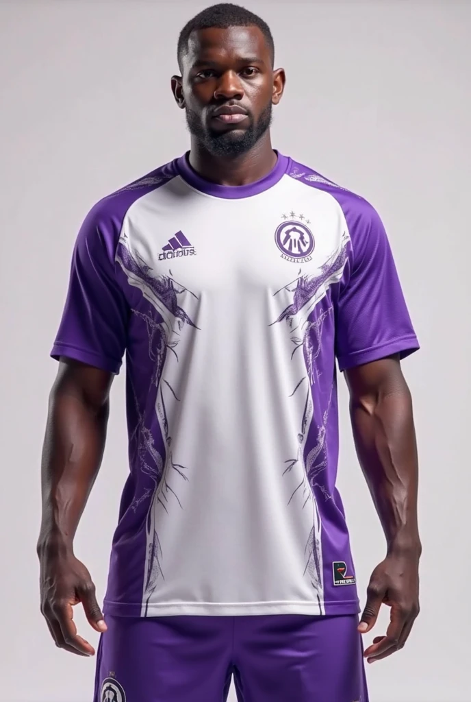 Make football or soccer jersey with colour purple and white and with logo of a wolve and the KWOLVES written on the of the shirt and the sides of the shorts