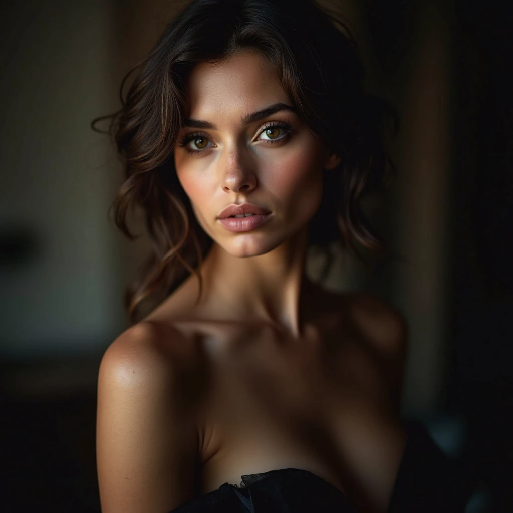 light brunette woman with green eyes, curly and fluffy hair, weighing about 60 kilos , 1.60 meters high looking straight ahead with a lost look wearing very sensual black lace underwear but without showing anything, In the background a classic room as if it were a ranch
