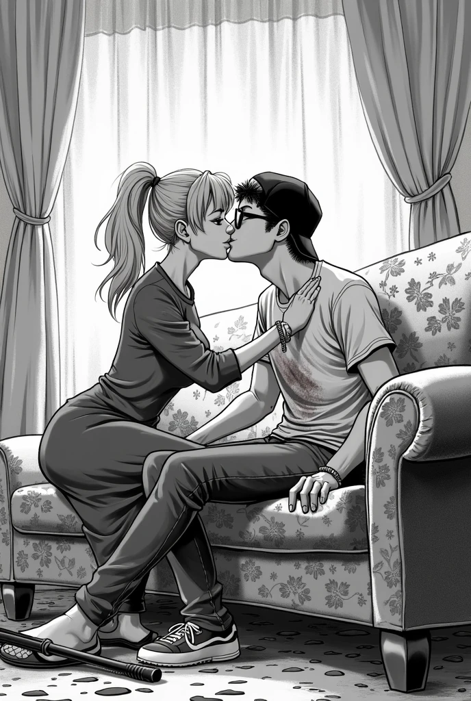 1girl blonde hair, 1man black hair, kiss