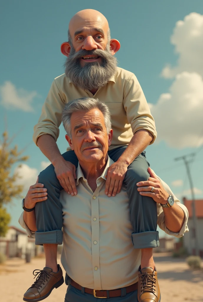 8 year old boy , blue shirt white stripes , blue jeans , blond hair and an old man with sunglasses , blue shirt