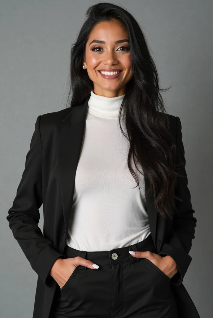 A professional full body portrait photo of shinisomara, a gorgeous exotic woman. She is smiling, showing her teeth. She is wearing a white knit turtleneck sweater and long black cotton thin fabric tight skirt. The background is blurry and shows a dark gray professional photo studio canvas.