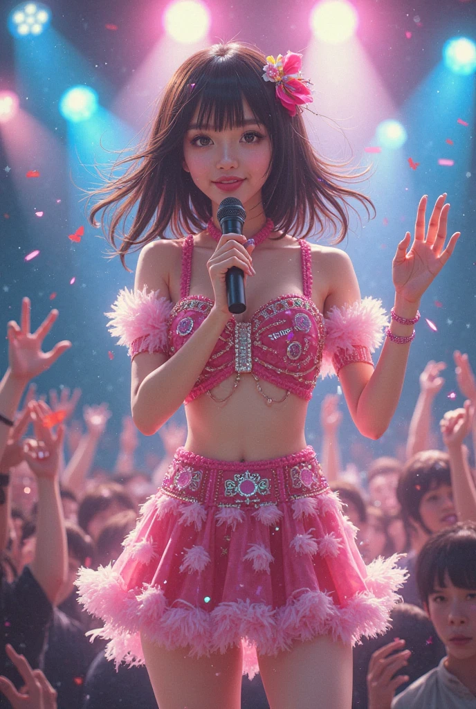 score_9, score_8_top, score_7_top, Young and beautiful female idol dancing on stage at concert, concert, performance, stage, idol, idol singer, beautiful girl, detailed face, beautiful eyes, long eyelashes, detailed lips, perfect skin, graceful movements, dynamic pose, colorful lights, crowd cheering