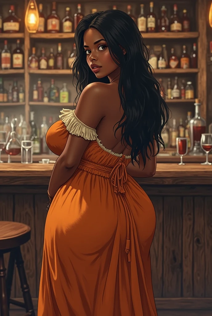 masterpiece, best quality, expressive eyes, perfect face, 1 girl, big eyes, looking at viewer, large breast, big breast, bigger breast, green eyes, long hair, small waist, smooth skin, mouth half open, Best Quality, Realistic, portrait, perfect figure, highly detailed, wavy hair, with earrings, two legs, two arms, wearing earrings, big nipples, western dress, in a saloon, in a western bar, two arms, two legs, head accessory, Perfect nipples, full body portrait, big hair, dark girl, black girl, dark skin, darker skin girl