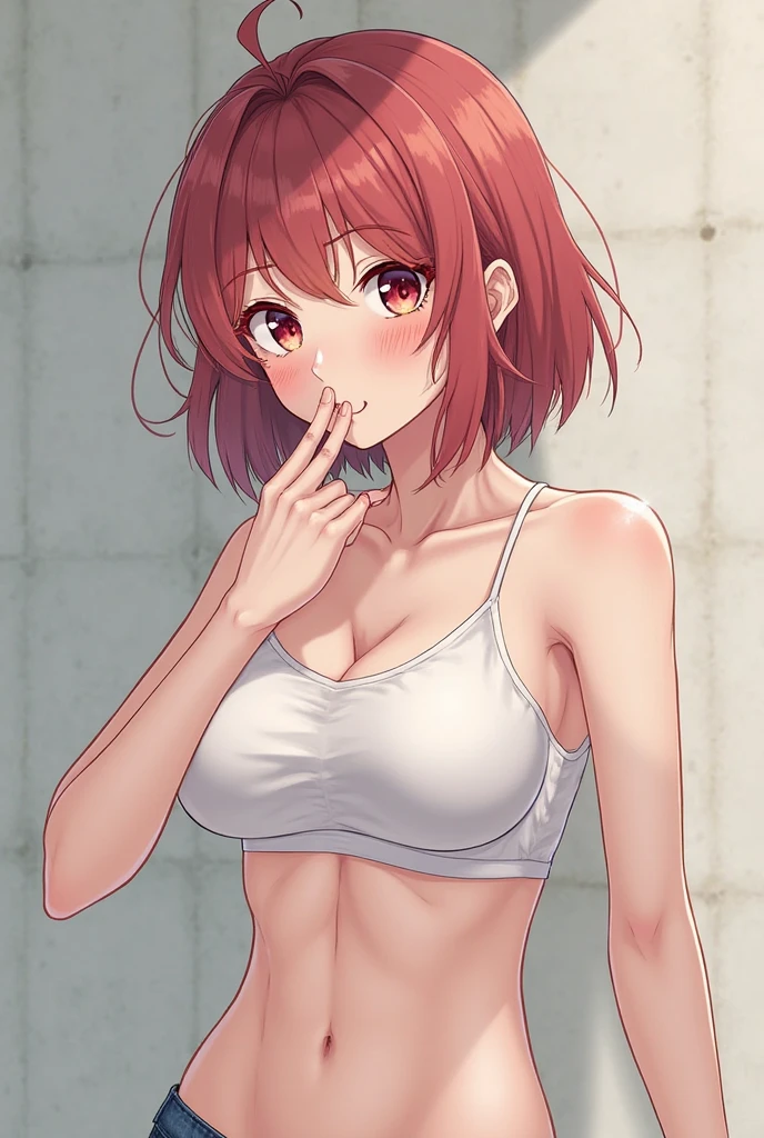 masterpiece:1.2, high quality, best quality, detailed_background,indoors,highres,neko (solution1988),brown coat,upper body,open clothes,absurdres,red eyes,open coat,gradient background,looking at viewer,sports bra,1girl,short hair,bare shoulders,solo,golden hair,jacket,crop top,off shoulder,head tilt
