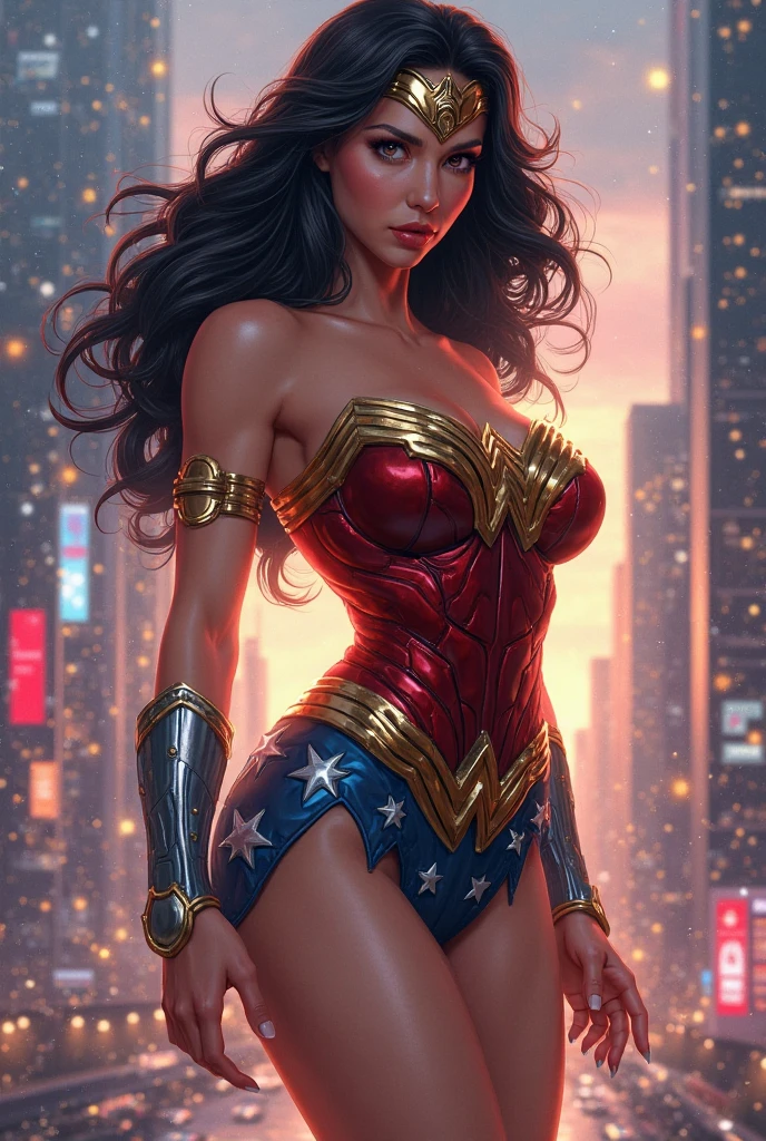 Natural Beauty, Masterpiece, Hailee Steinfeld, Perfectly Accurate Face Proportion, Thick Eyebrows, Wonder Woman, Wonder Woman Tiara, Big Breast, Curve Wide Hips, Toned Thighs, Toned Arms, on a rooftop looking over the night city, Grin On Her Face, Realistic Art Style